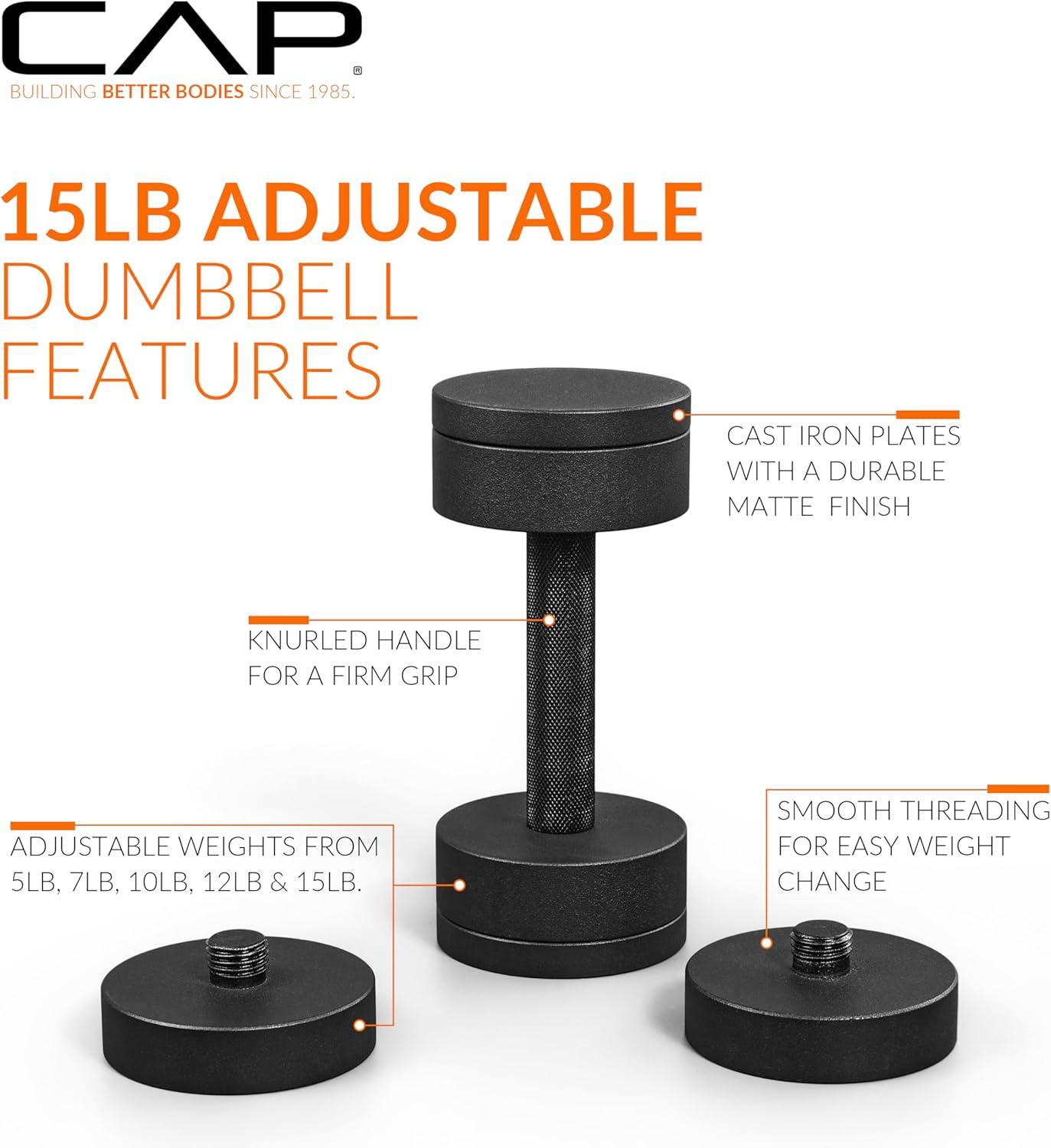 imageCAP Barbell 15 lb Adjustable Dumbbell  Compact Cast Iron Weight  Multiple OptionsSingle