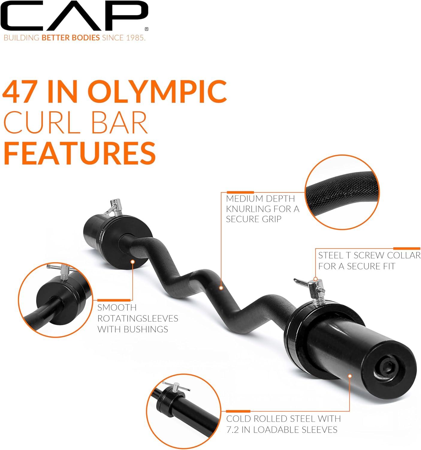 imageCAP Barbell 47Inch Olympic EZ Curl Bar for 2Inch Weight Plates  Multiple OptionsBlack