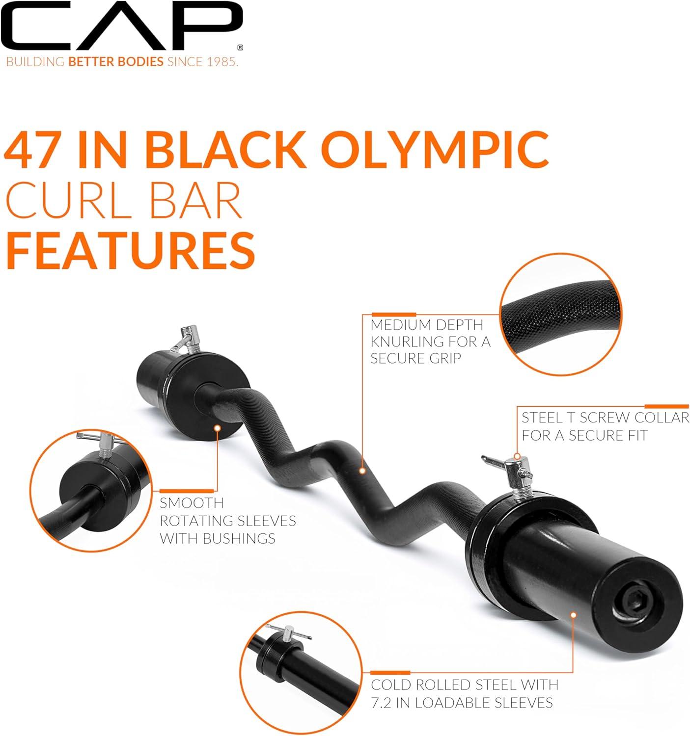 imageCAP Barbell 47Inch Olympic EZ Curl Bar for 2Inch Weight Plates  Multiple OptionsBlack