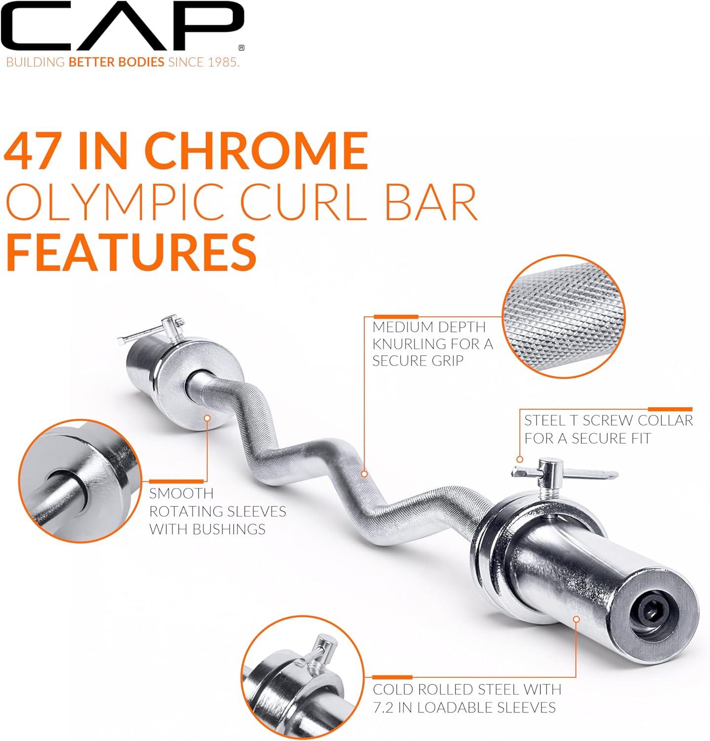 imageCAP Barbell 47Inch Olympic EZ Curl Bar for 2Inch Weight Plates  Multiple OptionsChrome