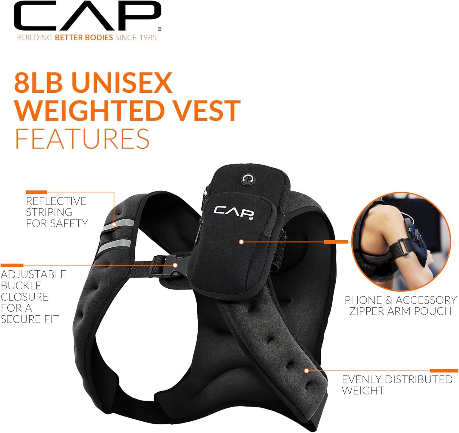 imageCAP Barbell 8LB Weighted Vest  Unisex Workout Vest with Phone Pouch Reflective Strips and Adjustable Fit for Walking Running Cardio and Strength Training  Black or BlueBlack