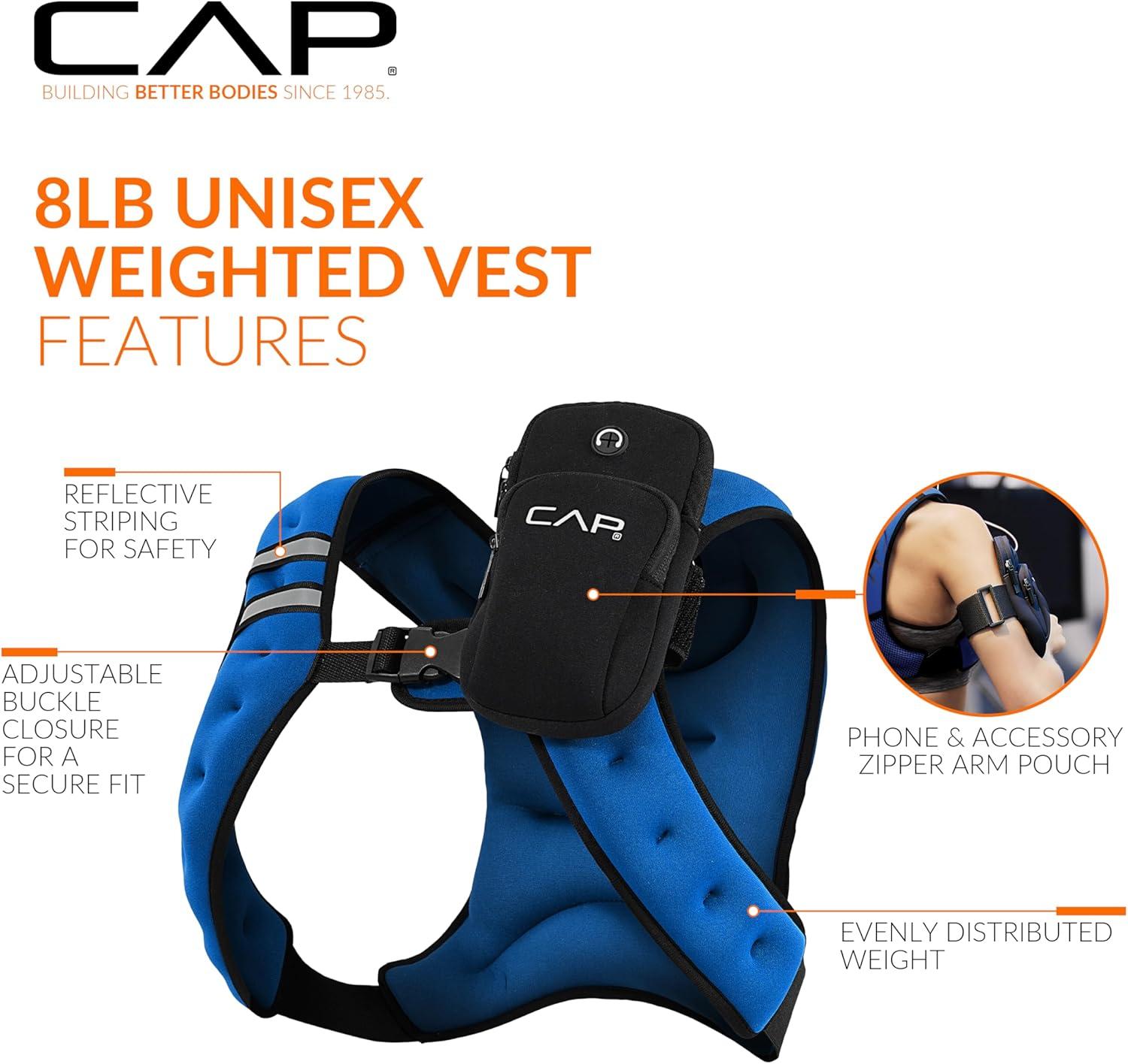 imageCAP Barbell 8LB Weighted Vest  Unisex Workout Vest with Phone Pouch Reflective Strips and Adjustable Fit for Walking Running Cardio and Strength Training  Black or BlueBlue