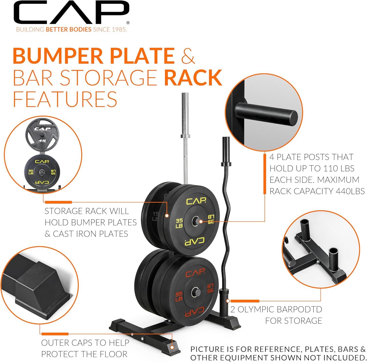 imageCAP Barbell Olympic Bumper Plate Tree Rack with 4 Weight Plate Posts and 2 Barbell Storage Holders  Multiple ColorsGray