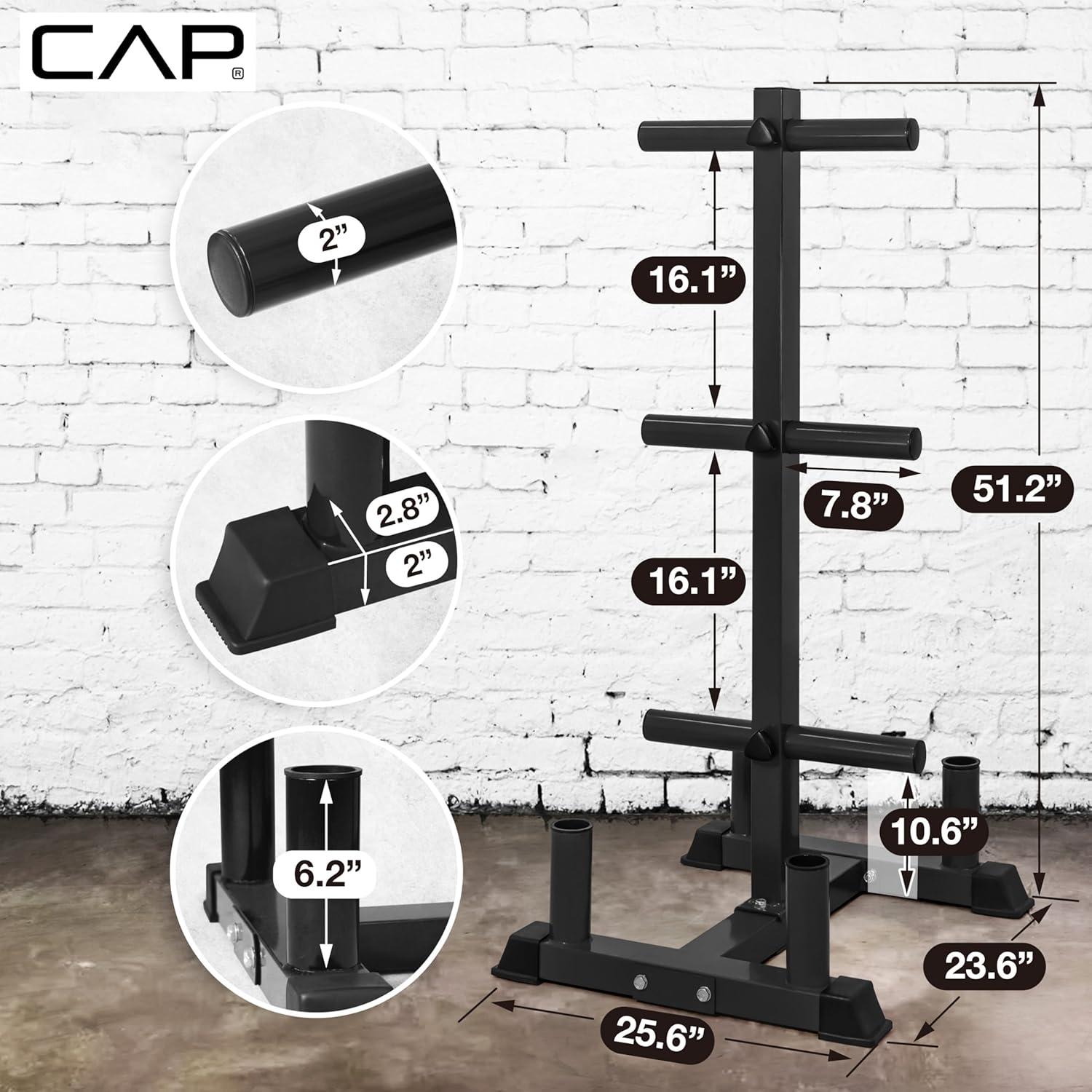 imageCAP Barbell Olympic Bumper Plate Tree Rack with 6 Weight Plate Posts and 4 Barbell Storage Holders  HeavyDuty Steel Gym Organizer for Olympic Plates and Bars  Black Blue or Red optionsBlack