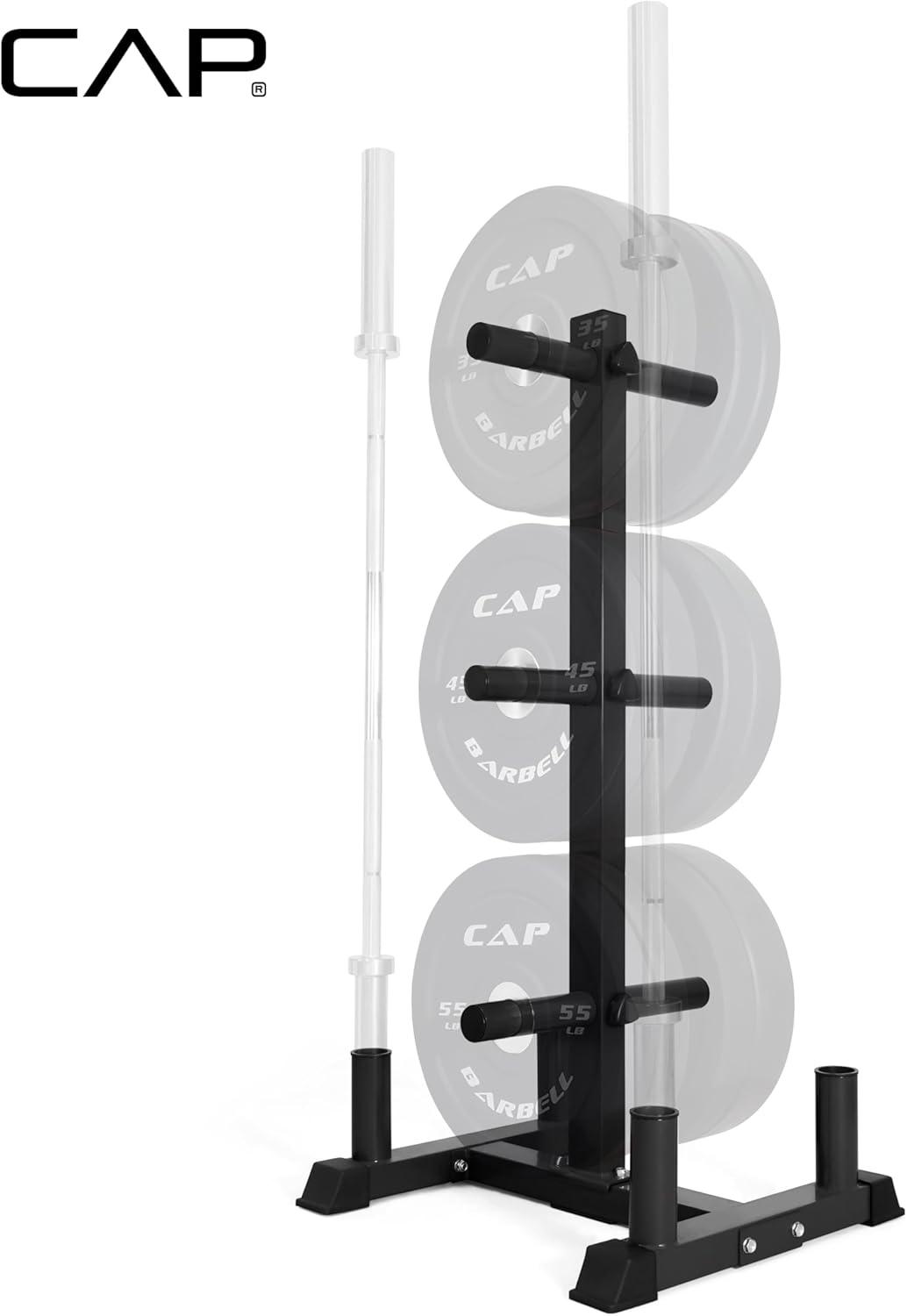 imageCAP Barbell Olympic Bumper Plate Tree Rack with 6 Weight Plate Posts and 4 Barbell Storage Holders  HeavyDuty Steel Gym Organizer for Olympic Plates and Bars  Black Blue or Red optionsBlack
