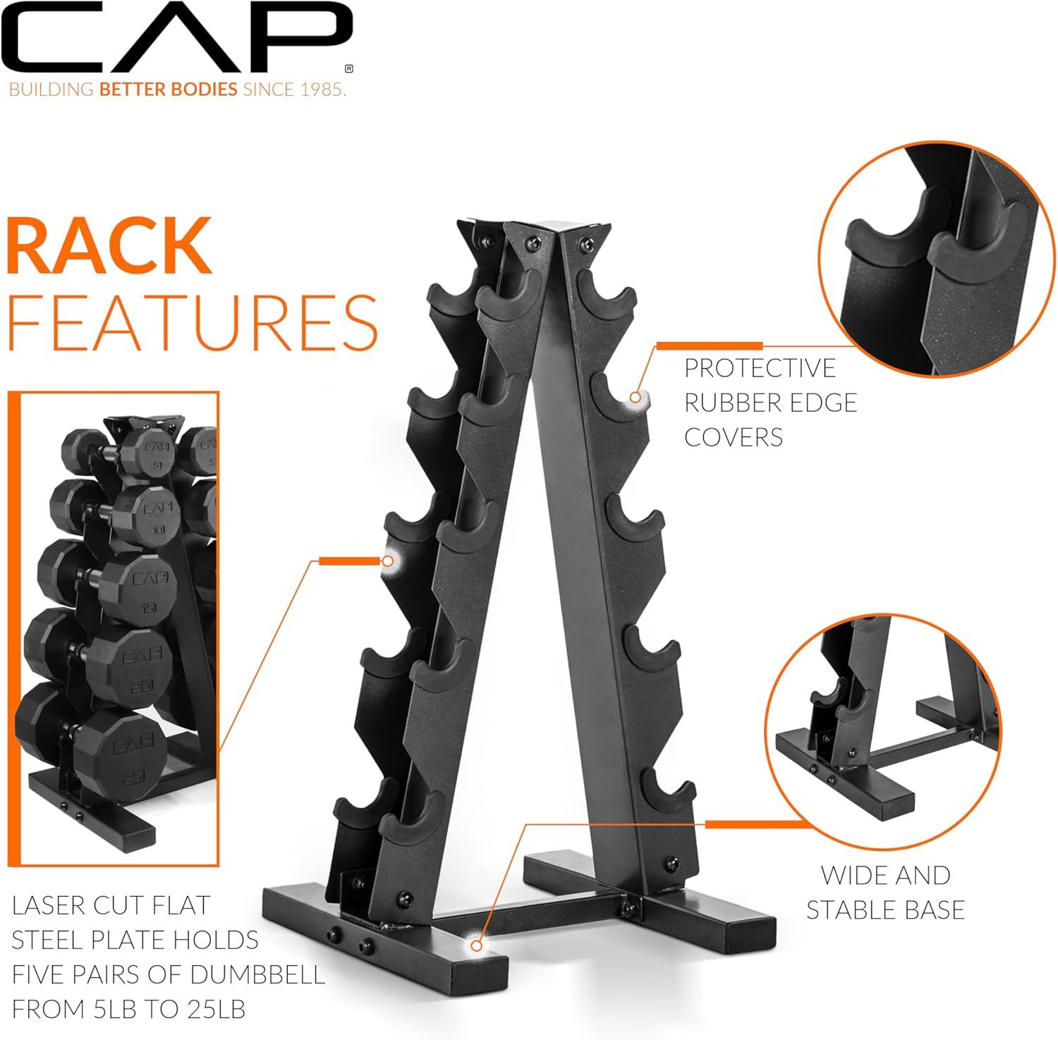 imageCAP Barbell Rubber Coated Dumbbell Weight Set with Vertical Rack  100 lb 150 lb and 210 lb Options150 lb  Set