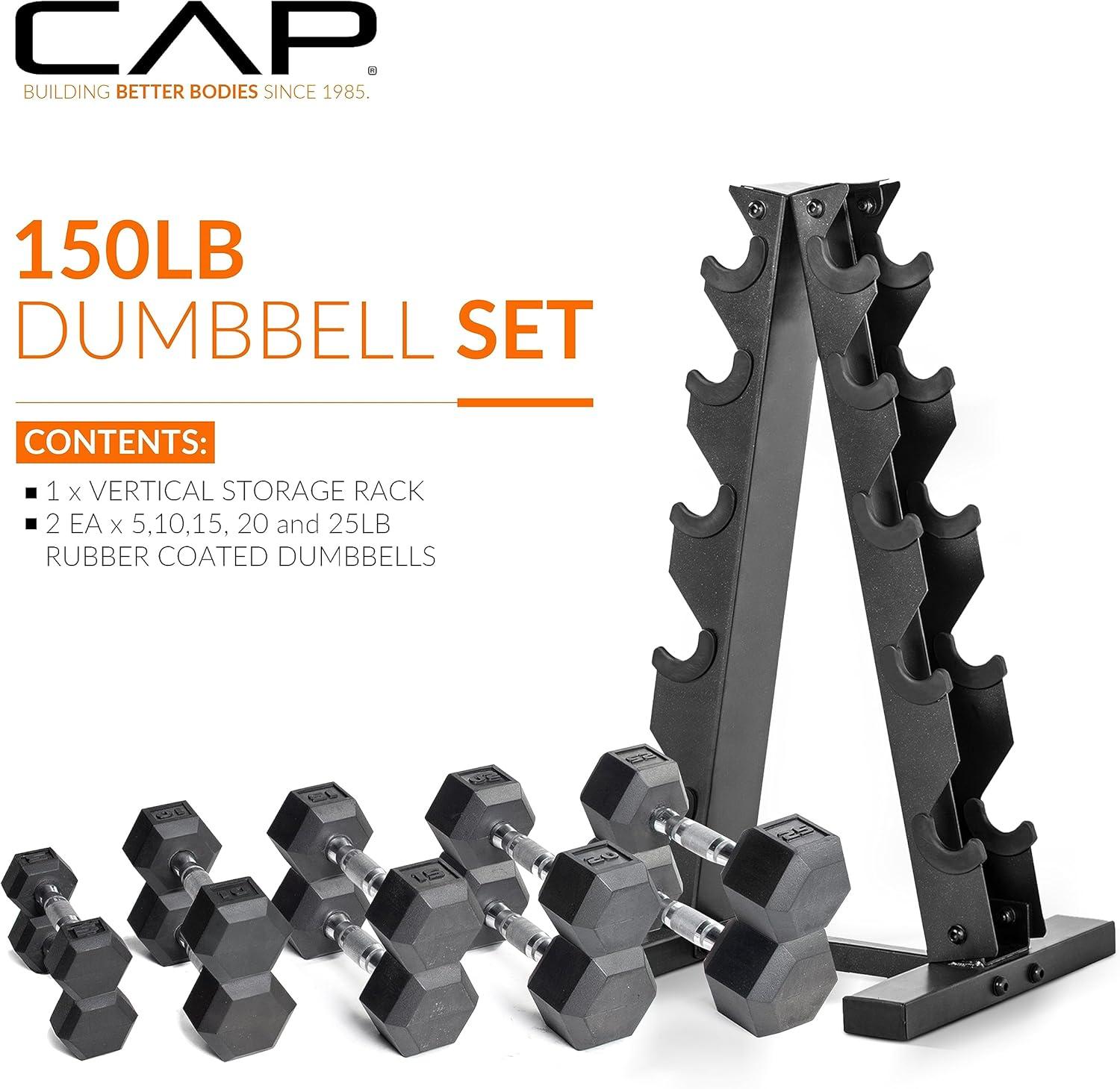 imageCAP Barbell Rubber Coated Dumbbell Weight Set with Vertical Rack  100 lb 150 lb and 210 lb Options150 lb  Set