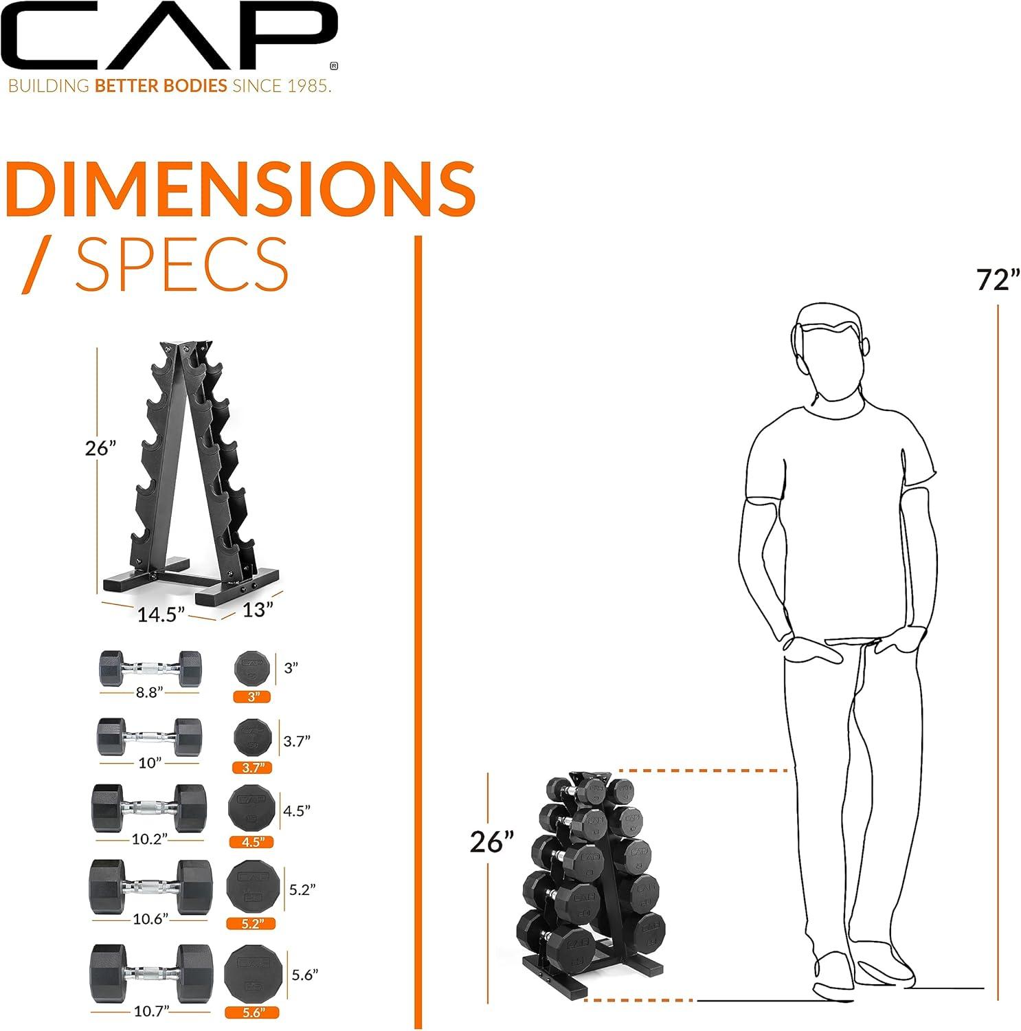 imageCAP Barbell Rubber Coated Dumbbell Weight Set with Vertical Rack  100 lb 150 lb and 210 lb Options150 lb  Set