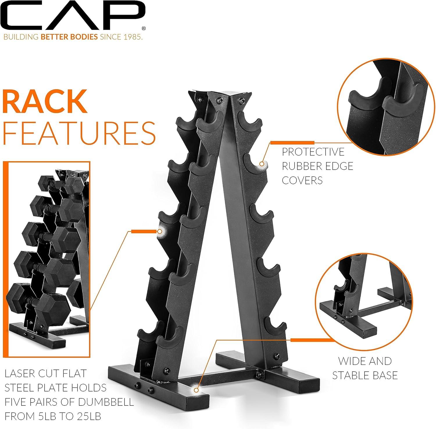 imageCAP Barbell Rubber Coated Dumbbell Weight Set with Vertical Rack  100 lb 150 lb and 210 lb Options150 lb  Set