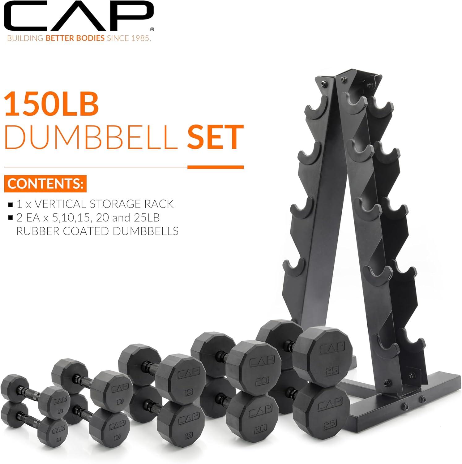imageCAP Barbell Rubber Coated Dumbbell Weight Set with Vertical Rack  100 lb 150 lb and 210 lb Options150 lb  Set