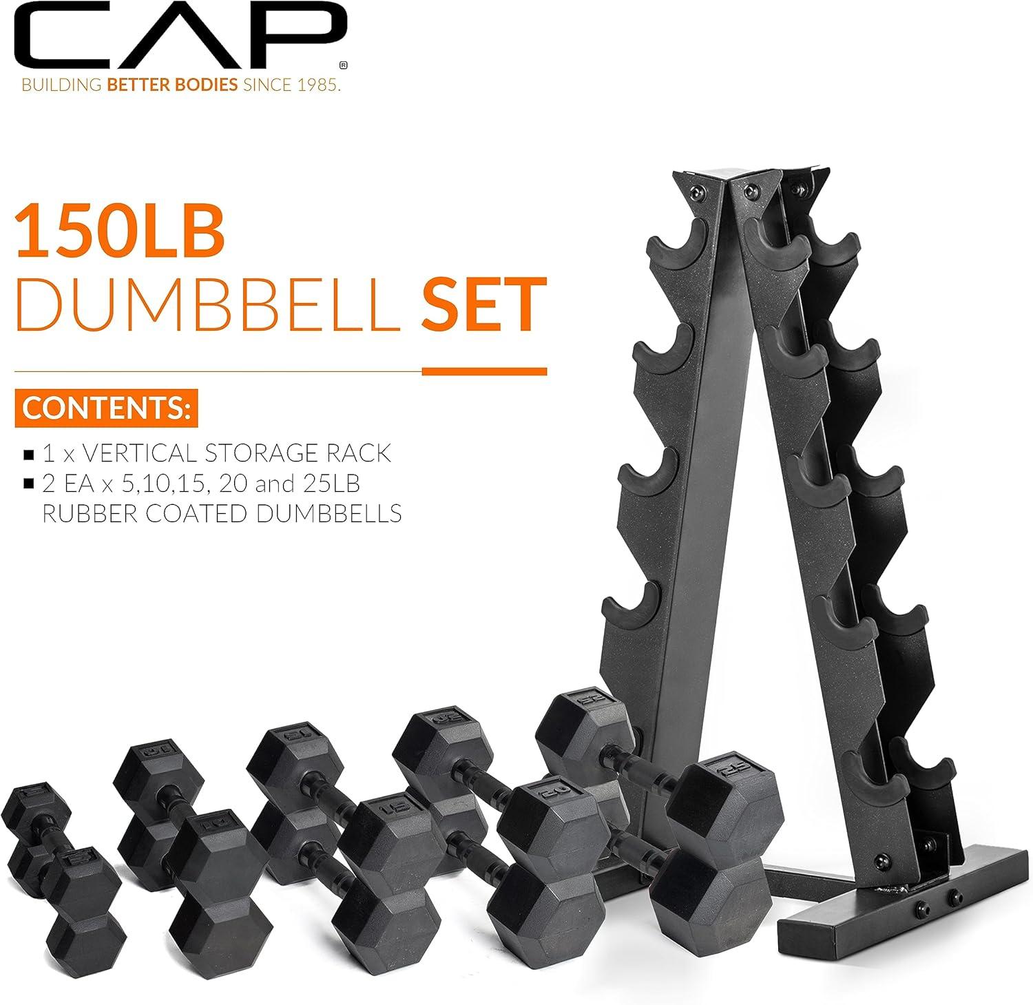 imageCAP Barbell Rubber Coated Dumbbell Weight Set with Vertical Rack  100 lb 150 lb and 210 lb Options150 lb  Set