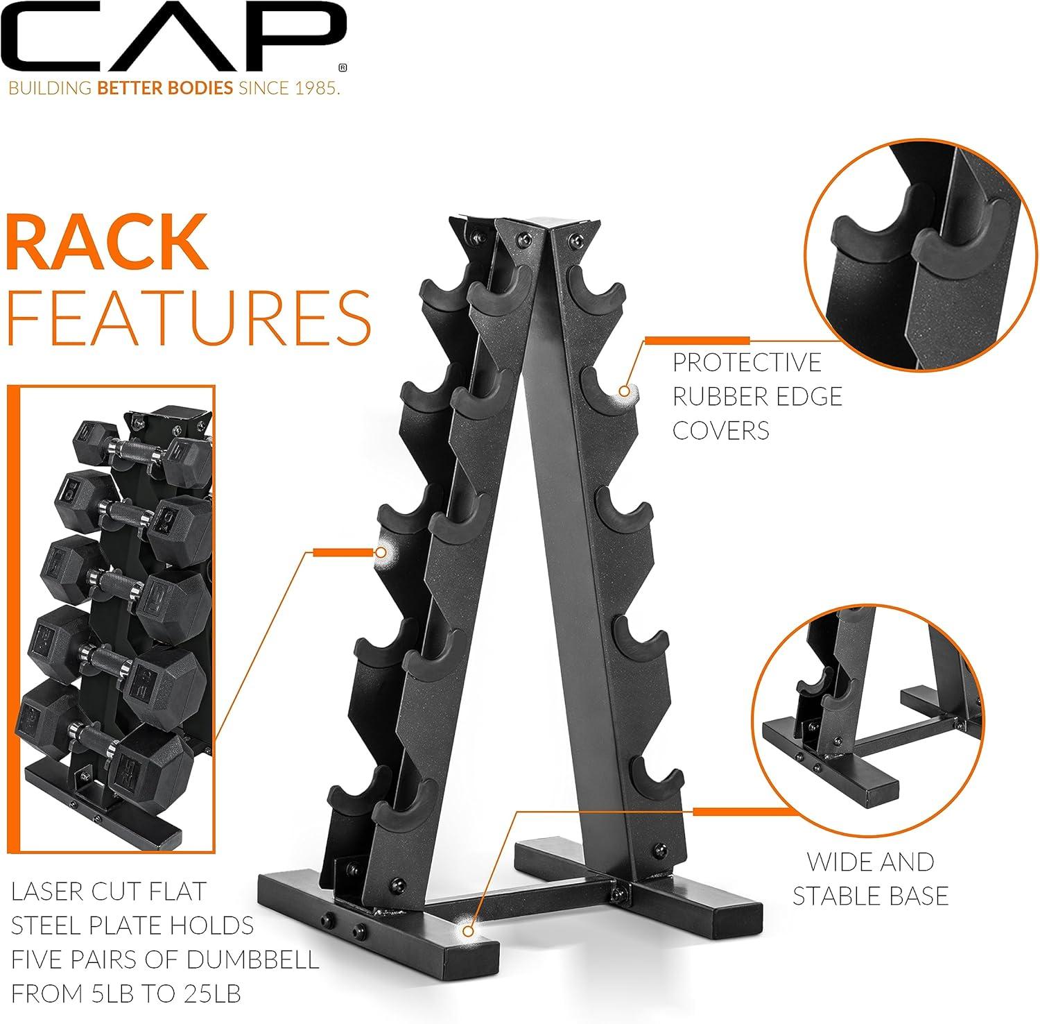 imageCAP Barbell Rubber Coated Dumbbell Weight Set with Vertical Rack  100 lb 150 lb and 210 lb Options150 lb  Set