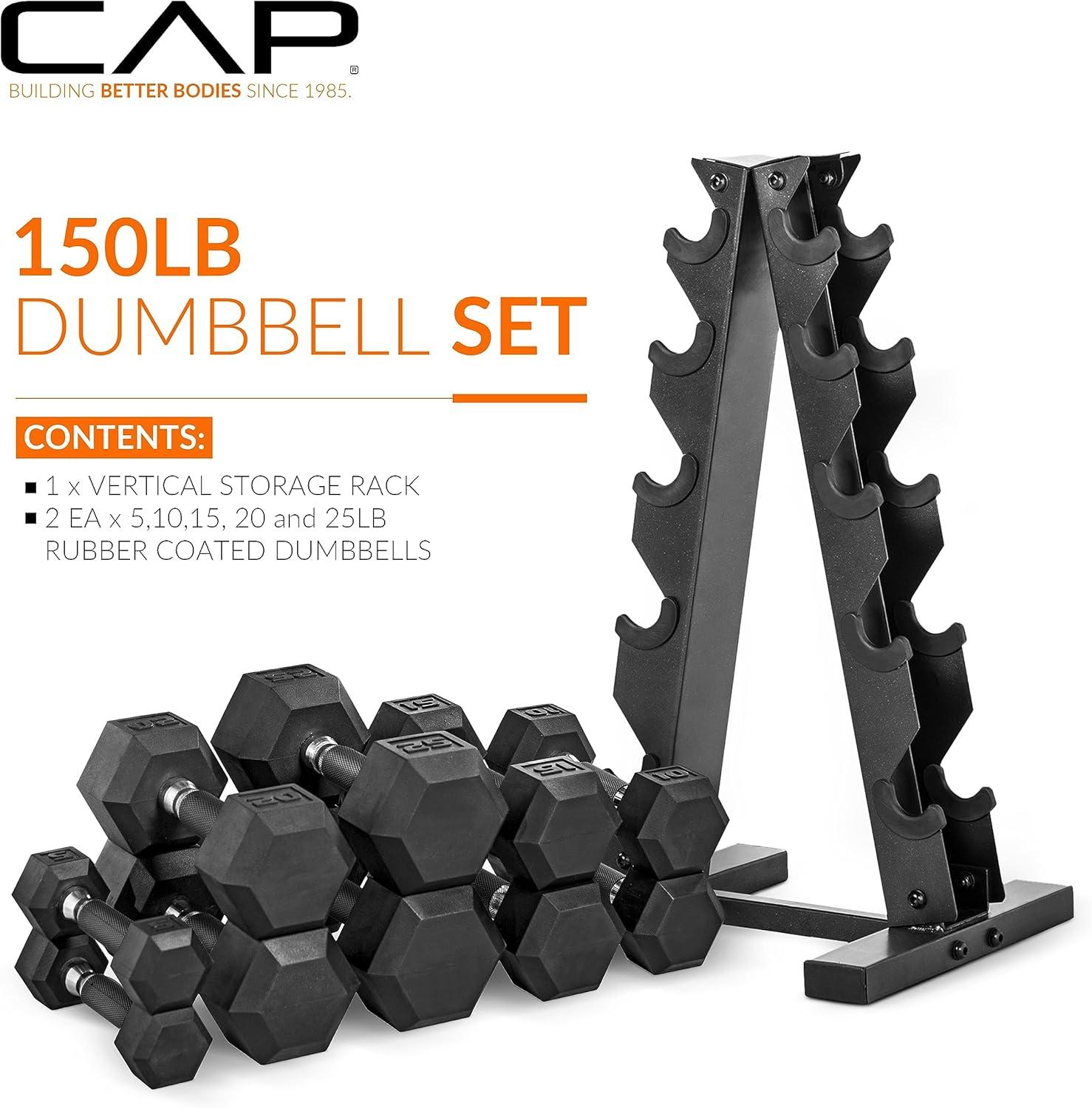 imageCAP Barbell Rubber Coated Dumbbell Weight Set with Vertical Rack  100 lb 150 lb and 210 lb Options150 lb  Set