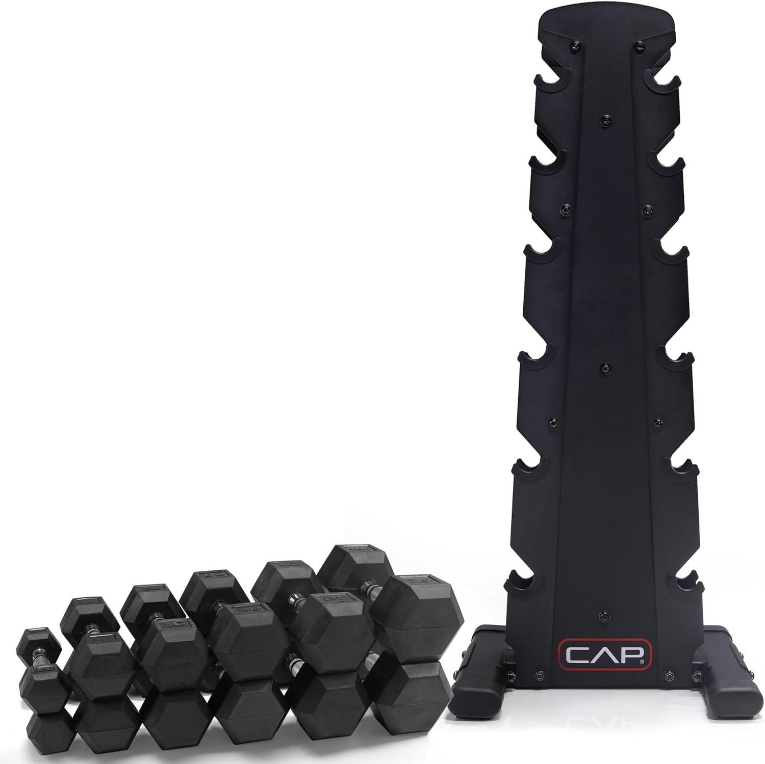 imageCAP Barbell Rubber Coated Dumbbell Weight Set with Vertical Rack  100 lb 150 lb and 210 lb Options210 lb  Set  Black Rack