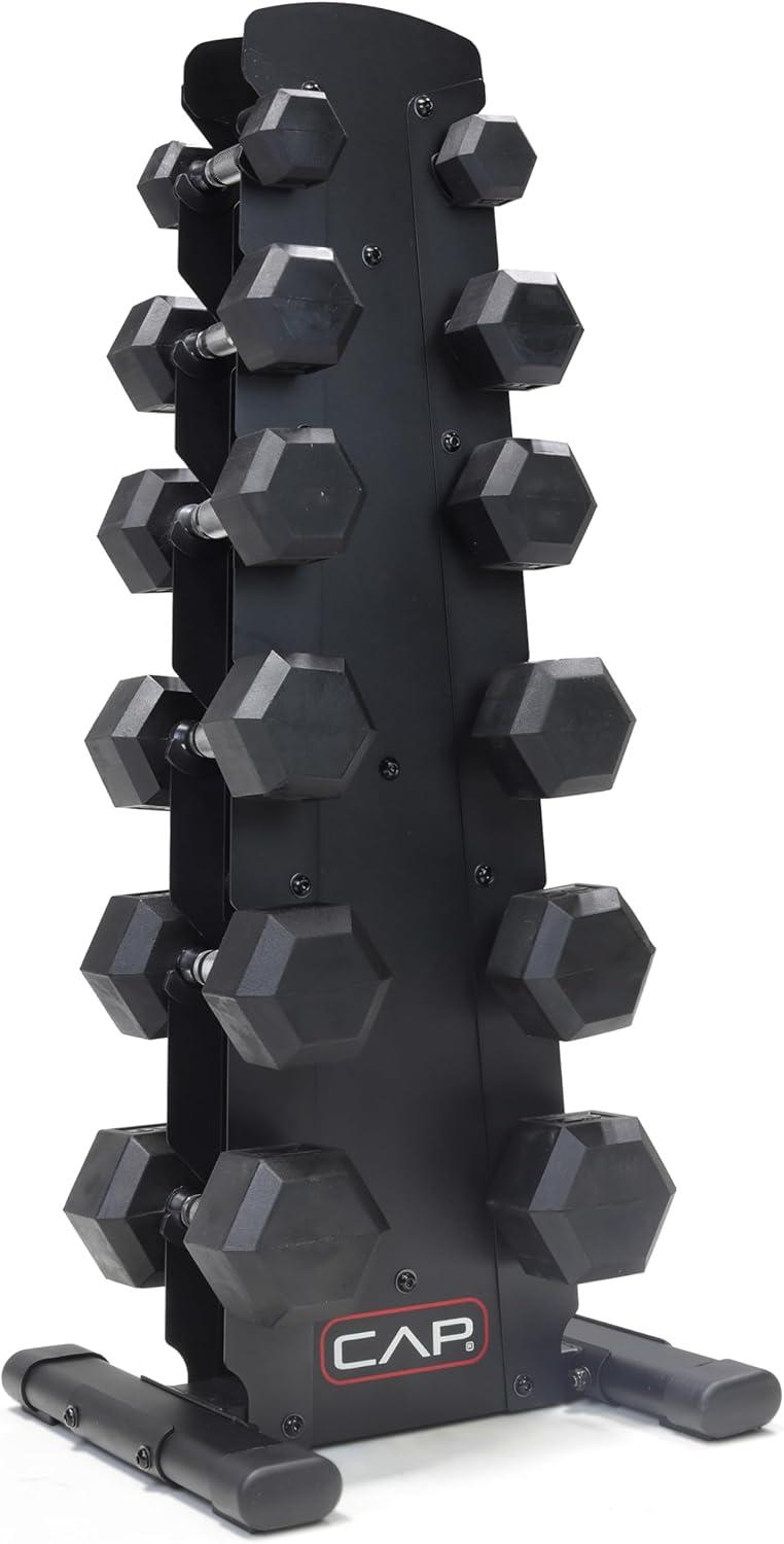 imageCAP Barbell Rubber Coated Dumbbell Weight Set with Vertical Rack  100 lb 150 lb and 210 lb Options210 lb  Set  Black Rack