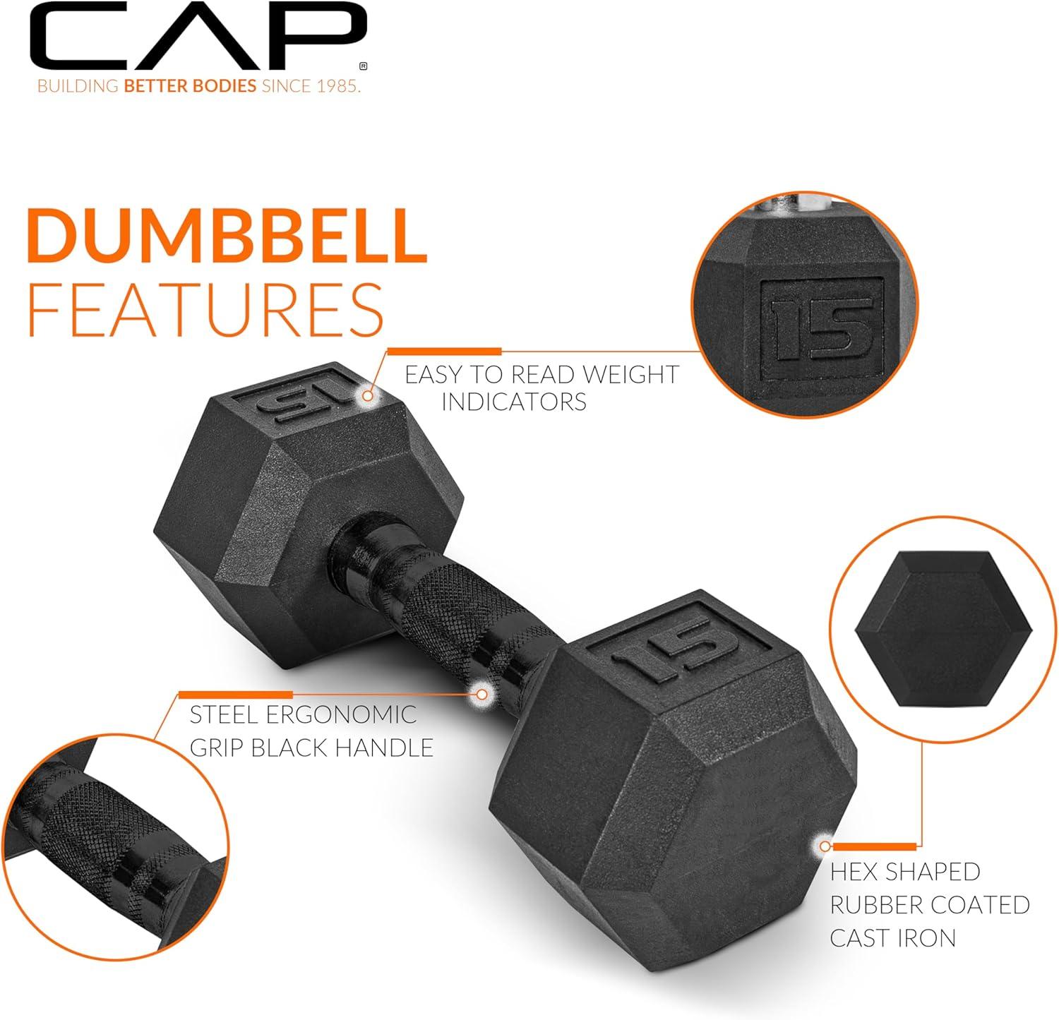 imageCAP Barbell Rubber Coated Dumbbell Weight Set with Vertical Rack  100 lb 150 lb and 210 lb Options210 lb  Set  Black Rack