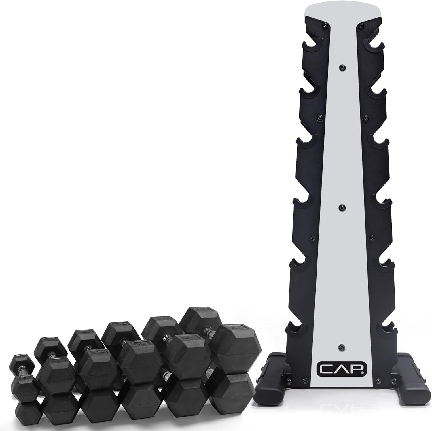 imageCAP Barbell Rubber Coated Dumbbell Weight Set with Vertical Rack  100 lb 150 lb and 210 lb Options210 lb  Set  Silver Rack