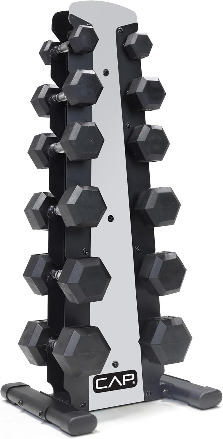 imageCAP Barbell Rubber Coated Dumbbell Weight Set with Vertical Rack  100 lb 150 lb and 210 lb Options210 lb  Set  Silver Rack