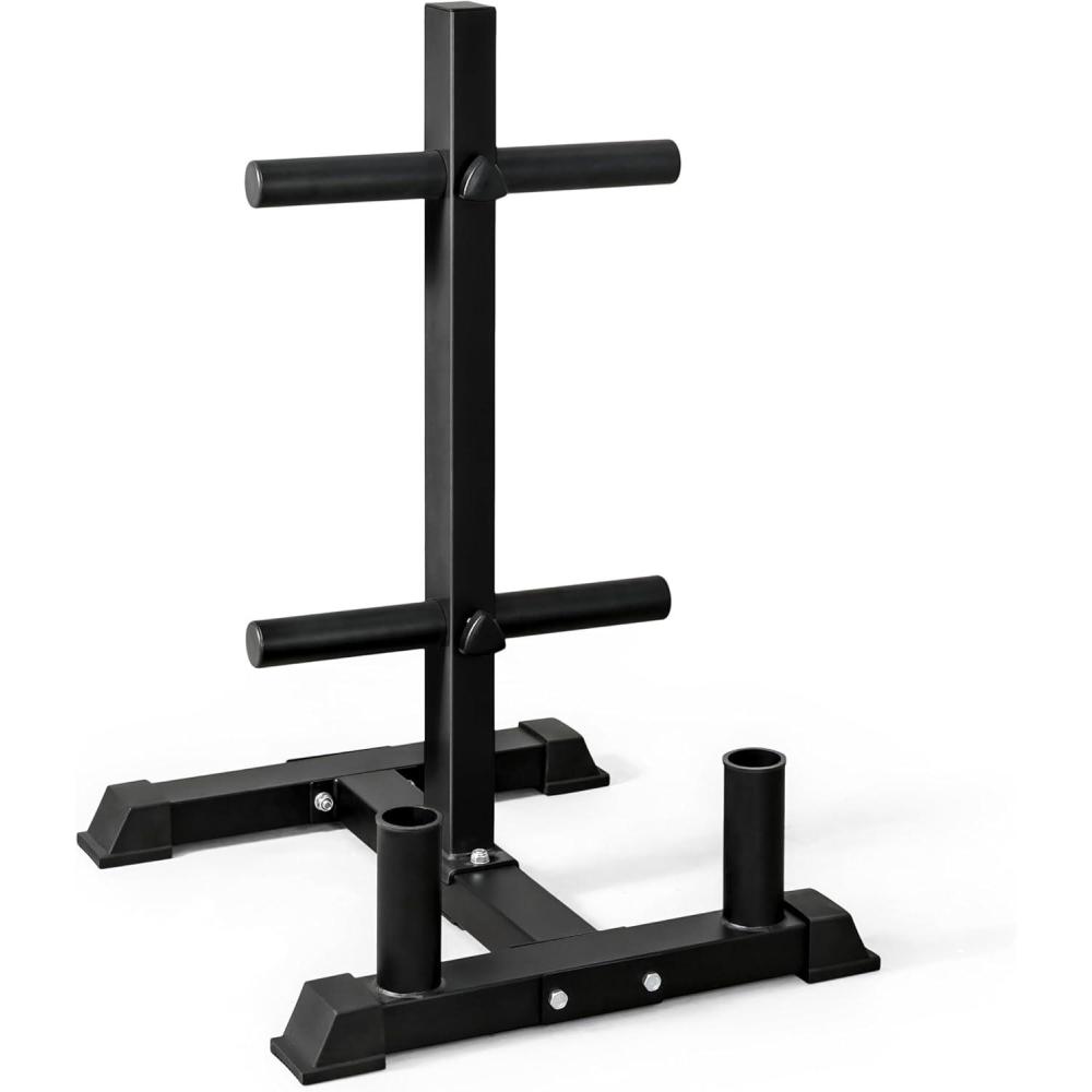 imageCAP Barbell Olympic Bumper Plate Tree Rack with 4 Weight Plate Posts and 2 Barbell Storage Holders  Multiple ColorsBlack