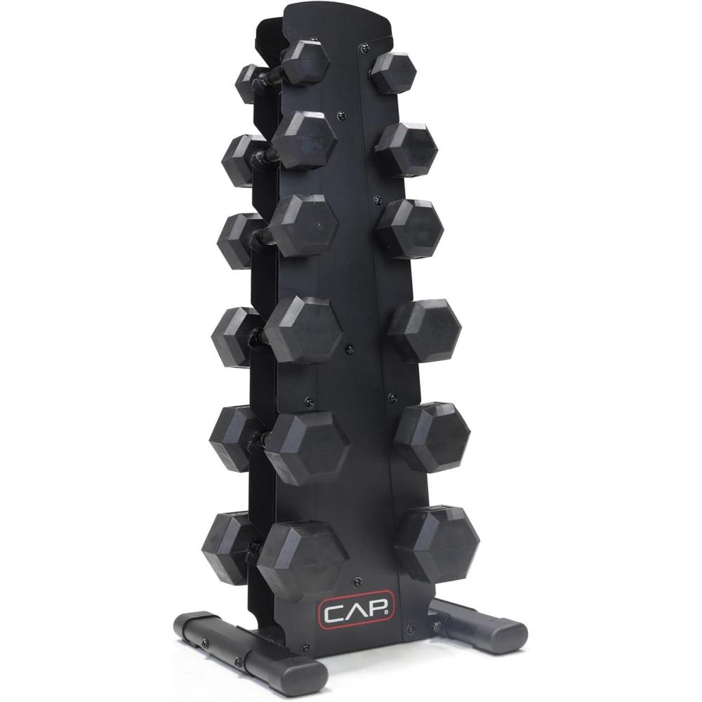 imageCAP Barbell Rubber Coated Dumbbell Weight Set with Vertical Rack  100 lb 150 lb and 210 lb Options210 lb  Set  Black Rack