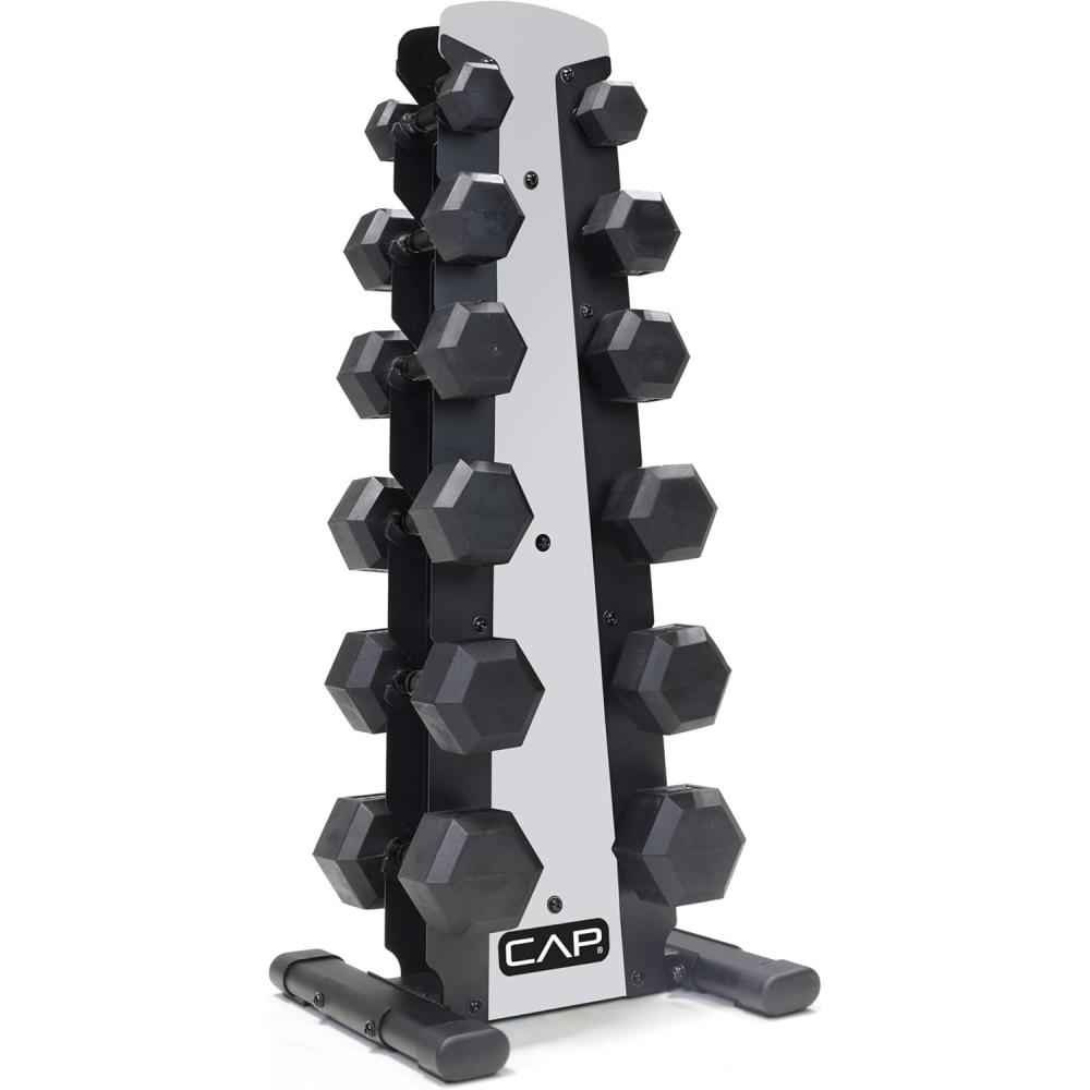 imageCAP Barbell Rubber Coated Dumbbell Weight Set with Vertical Rack  100 lb 150 lb and 210 lb Options210 lb  Set  Silver Rack
