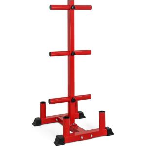 imageCAP Barbell Olympic Bumper Plate Tree Rack with 6 Weight Plate Posts and 4 Barbell Storage Holders  HeavyDuty Steel Gym Organizer for Olympic Plates and Bars  Black Blue or Red optionsRed