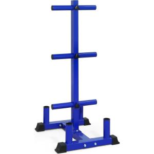 imageCAP Barbell Olympic Bumper Plate Tree Rack with 6 Weight Plate Posts and 4 Barbell Storage Holders  HeavyDuty Steel Gym Organizer for Olympic Plates and Bars  Black Blue or Red optionsBlue