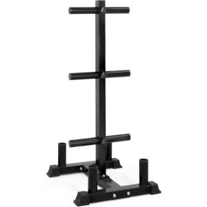 imageCAP Barbell Olympic Bumper Plate Tree Rack with 6 Weight Plate Posts and 4 Barbell Storage Holders  HeavyDuty Steel Gym Organizer for Olympic Plates and Bars  Black Blue or Red optionsBlack