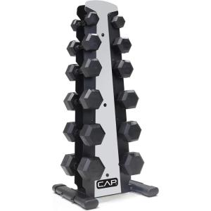 imageCAP Barbell Rubber Coated Dumbbell Weight Set with Vertical Rack  100 lb 150 lb and 210 lb Options210 lb  Set  Silver Rack