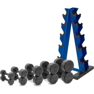 imageCAP Barbell 150 LB Coated Hex Dumbbell Weight Set with Vertical Rack  Multiple OptionsBlue Rack