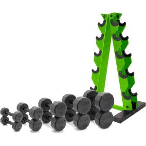 imageCAP Barbell 150 LB Coated Hex Dumbbell Weight Set with Vertical Rack  Multiple OptionsGreen Rack