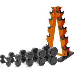 imageCAP Barbell 150 LB Coated Hex Dumbbell Weight Set with Vertical Rack  Multiple OptionsOrange Rack