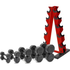 imageCAP Barbell 150 LB Coated Hex Dumbbell Weight Set with Vertical Rack  Multiple OptionsRed Rack
