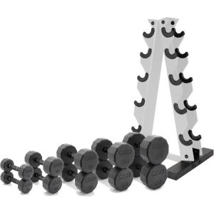 imageCAP Barbell 150 LB Coated Hex Dumbbell Weight Set with Vertical Rack  Multiple OptionsWhite Rack