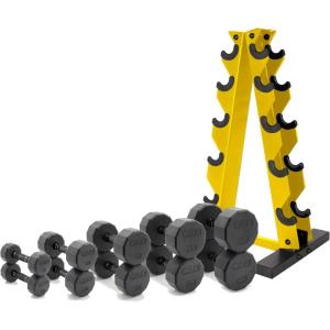 imageCAP Barbell 150 LB Coated Hex Dumbbell Weight Set with Vertical Rack  Multiple OptionsYellow Rack